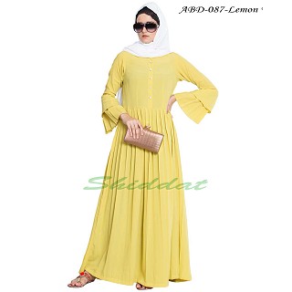 Casual abaya dress with multiple pleats and double sleeves- Lemon Yellow